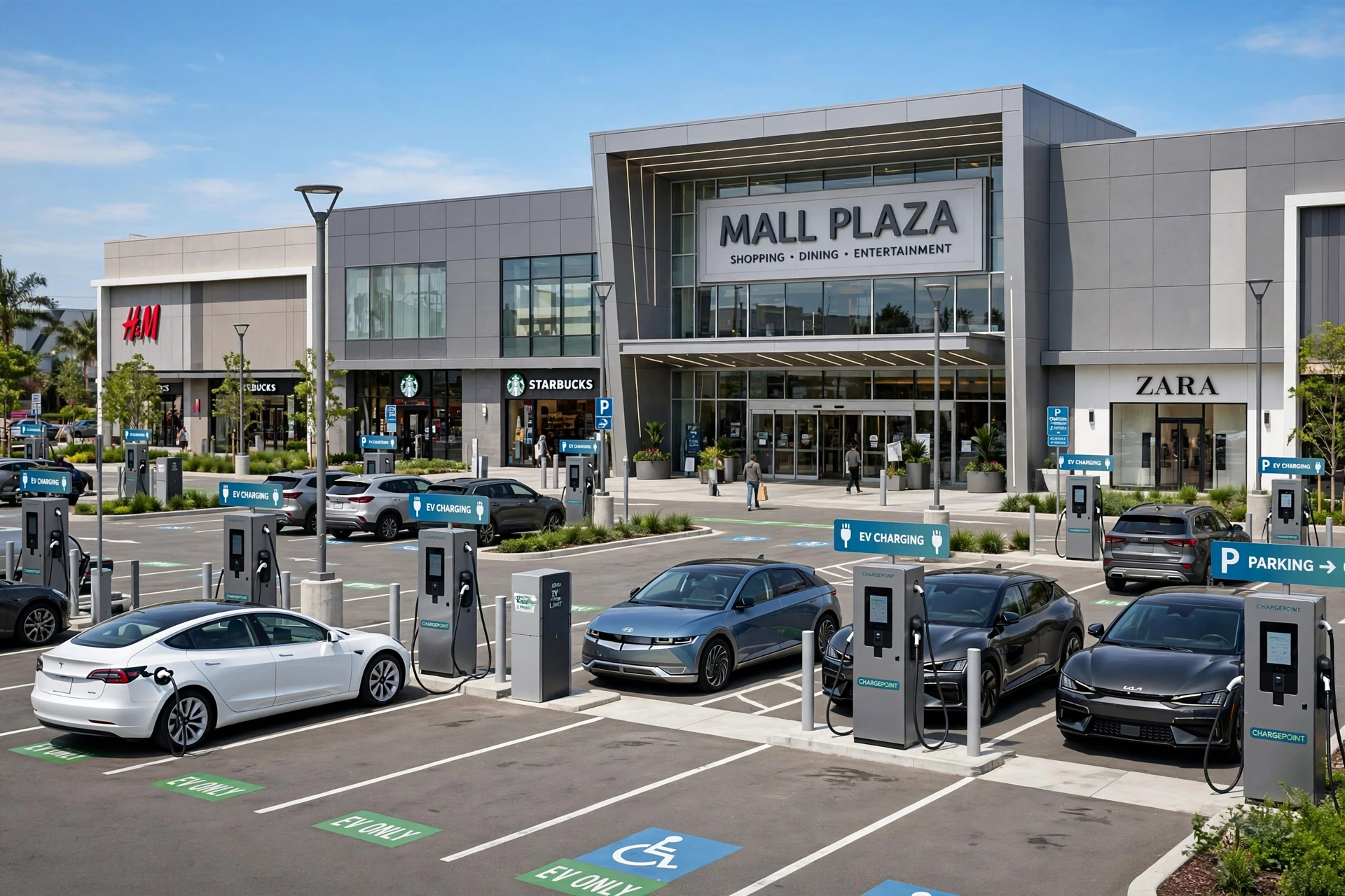 Commercial parking location with multiple EV charging bays