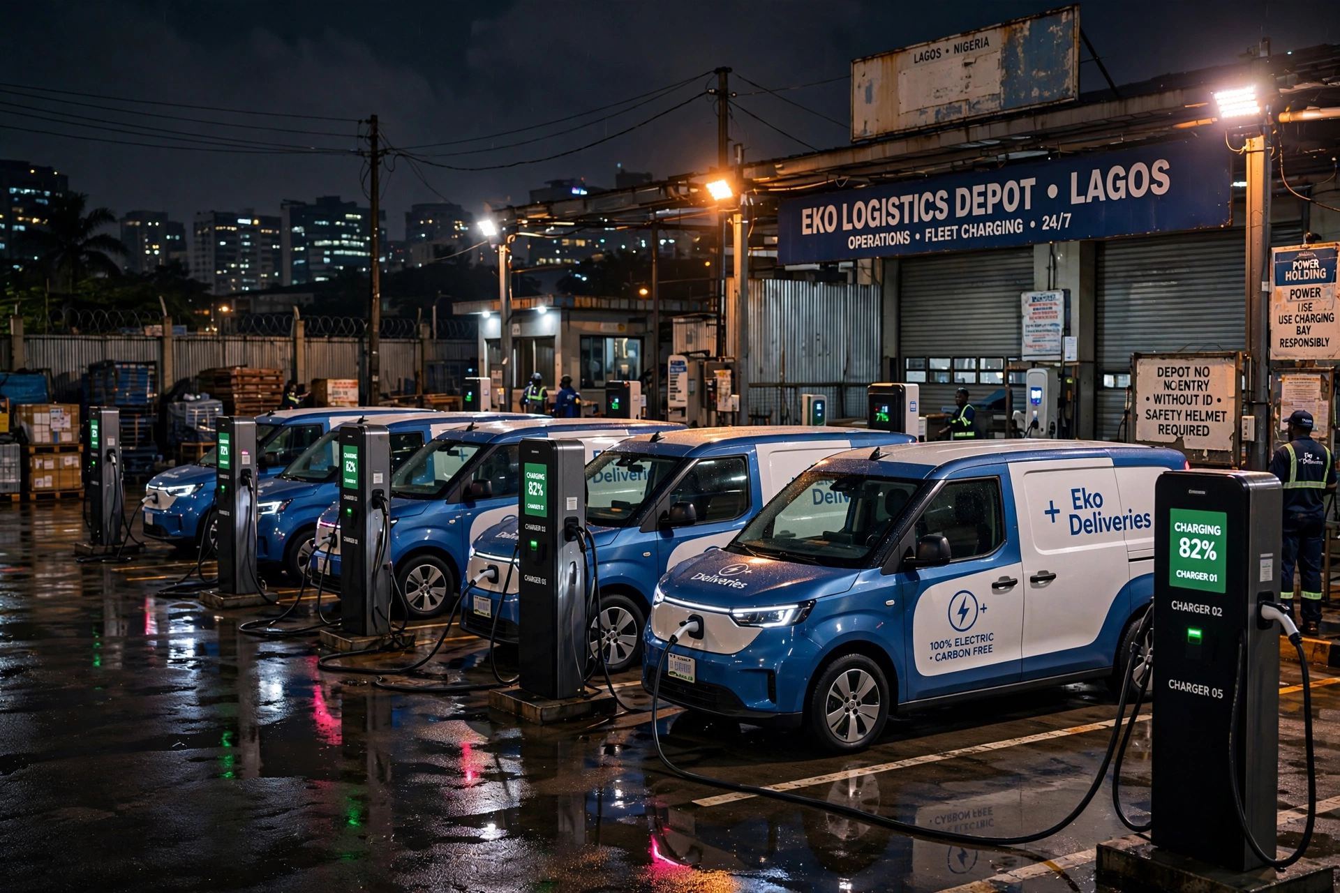 Electric vans charging at a Lagos fleet depot operated by GriiD Charge