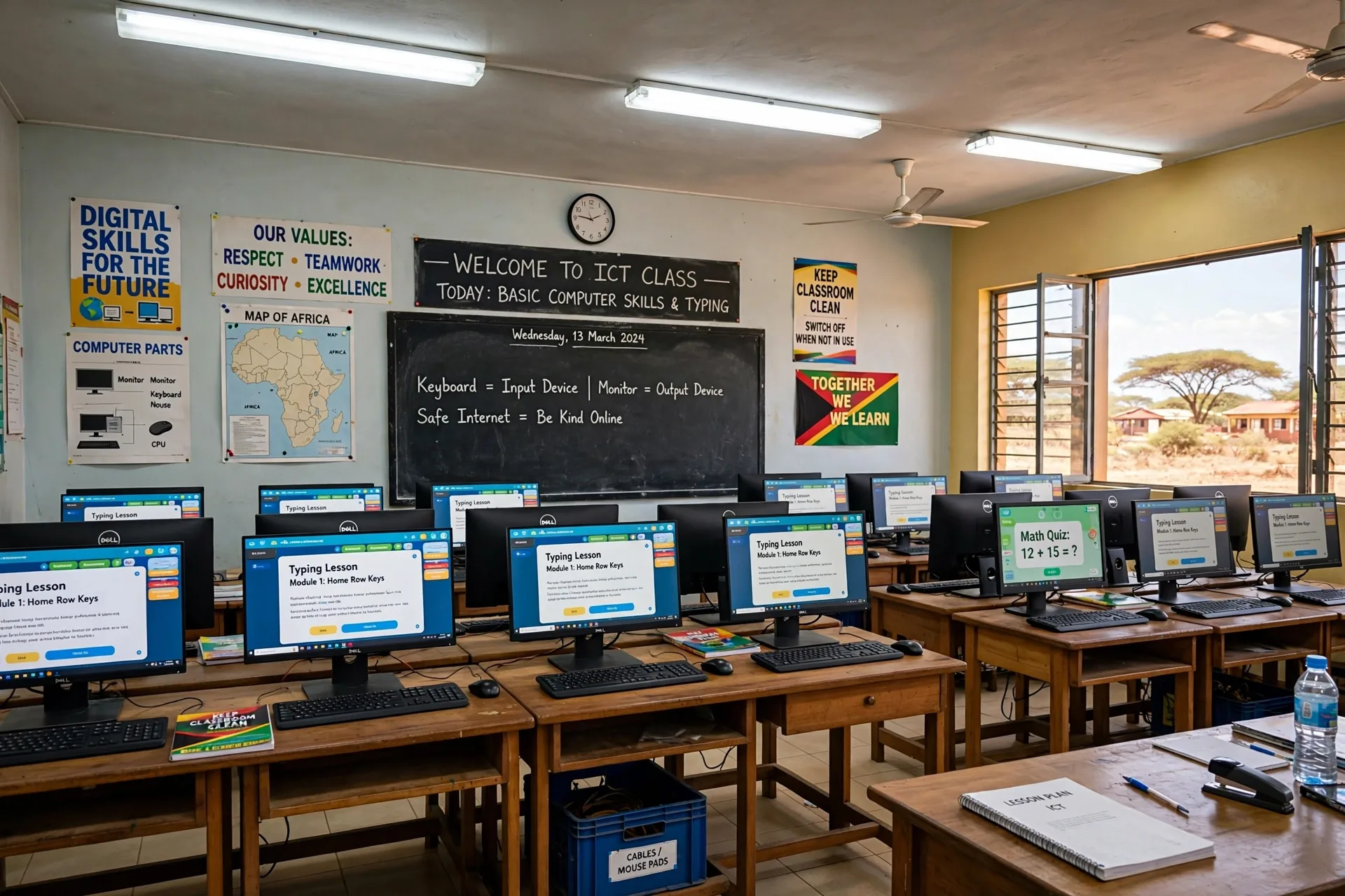 African ICT classroom with computers and reliable lighting