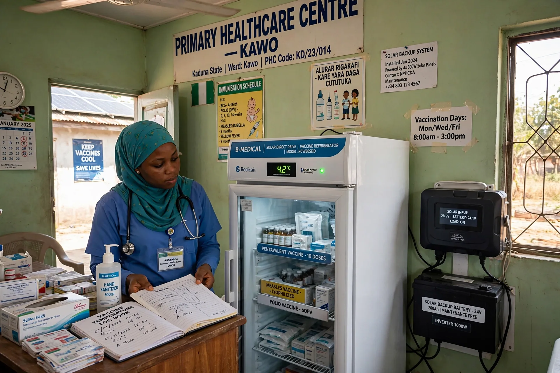 Primary healthcare clinic using solar-backed power for vaccine refrigeration