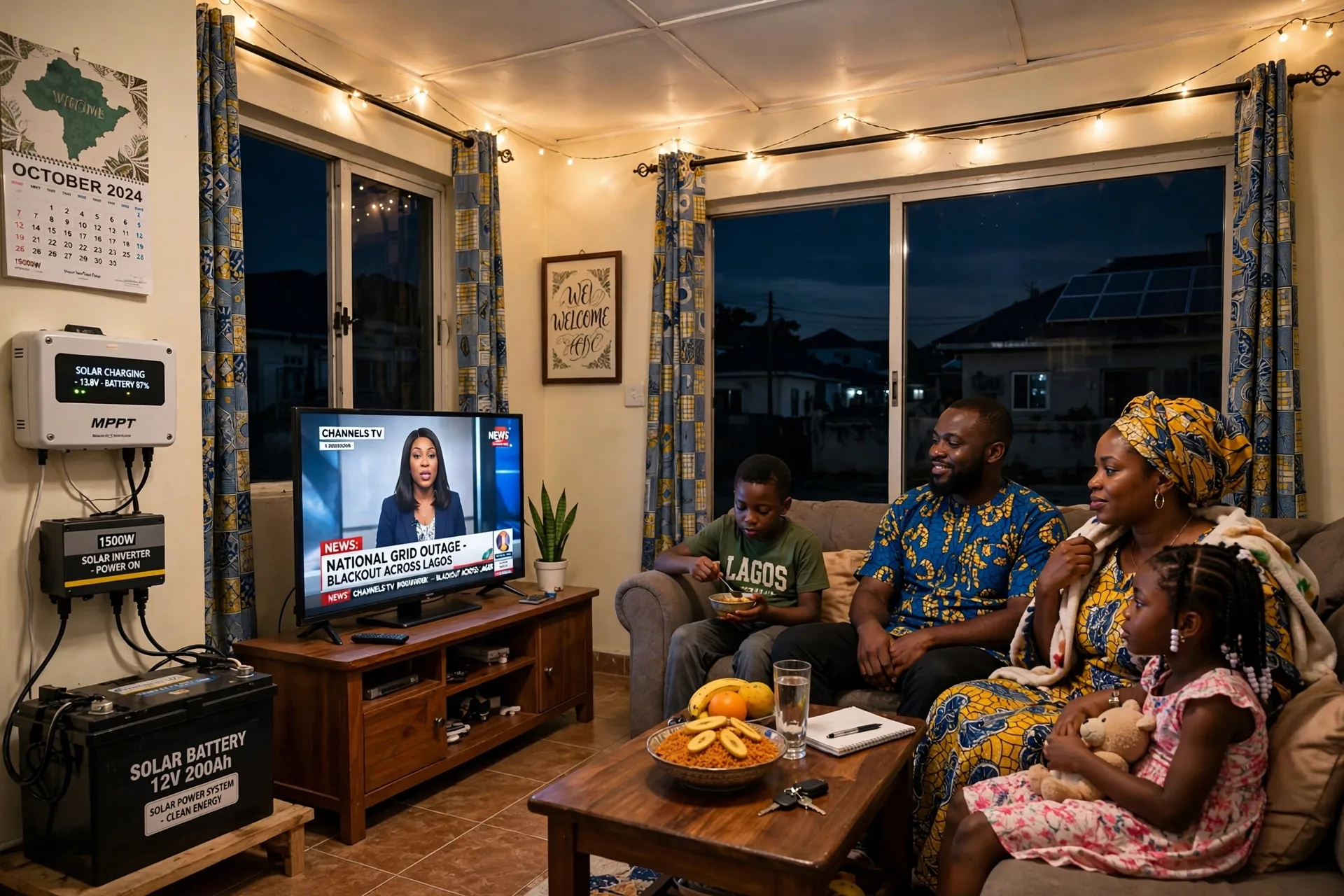 Nigerian family using solar-backed power at home during an outage