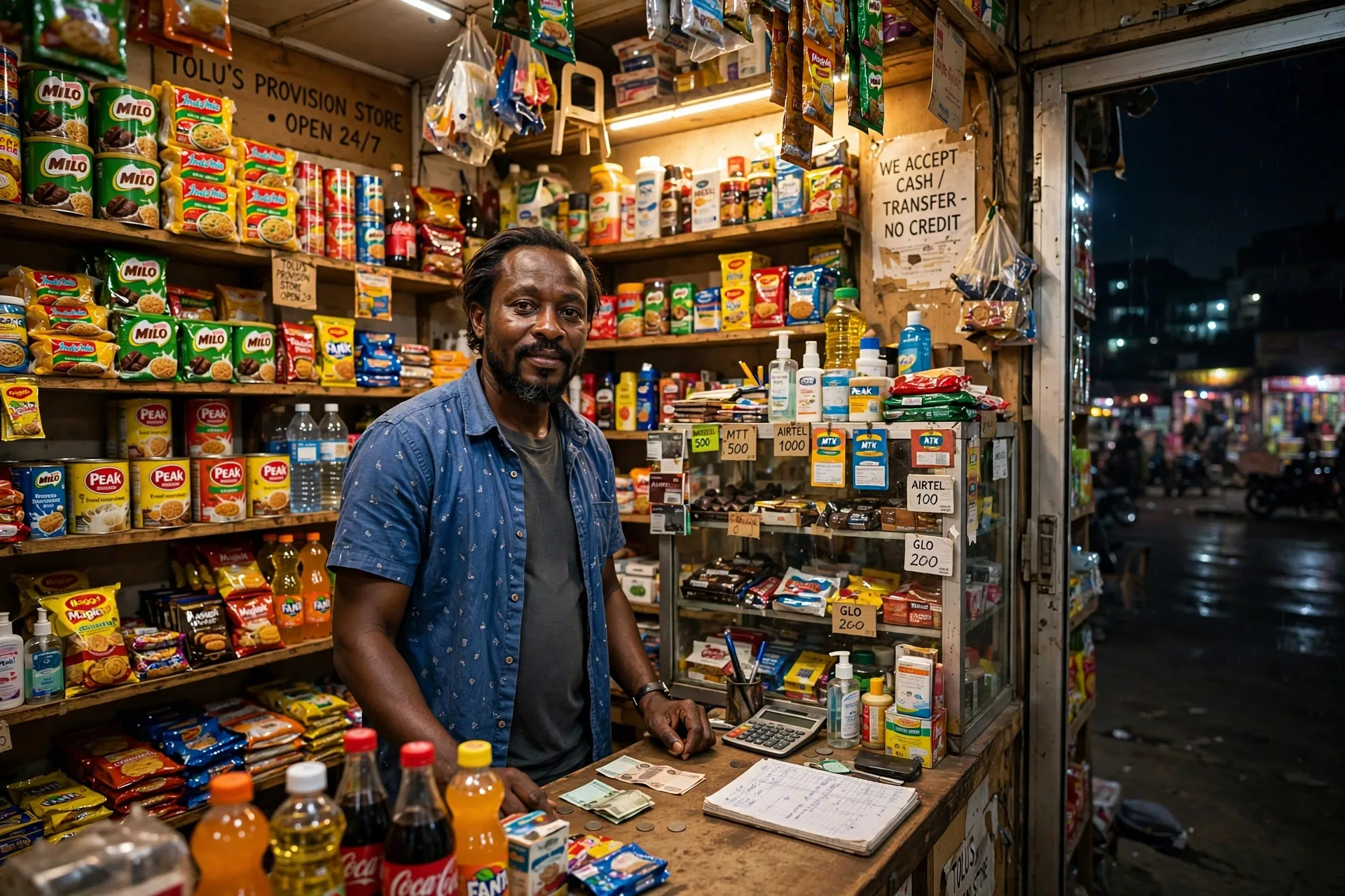 Provision shop owner using reliable power for lighting, POS, and refrigeration